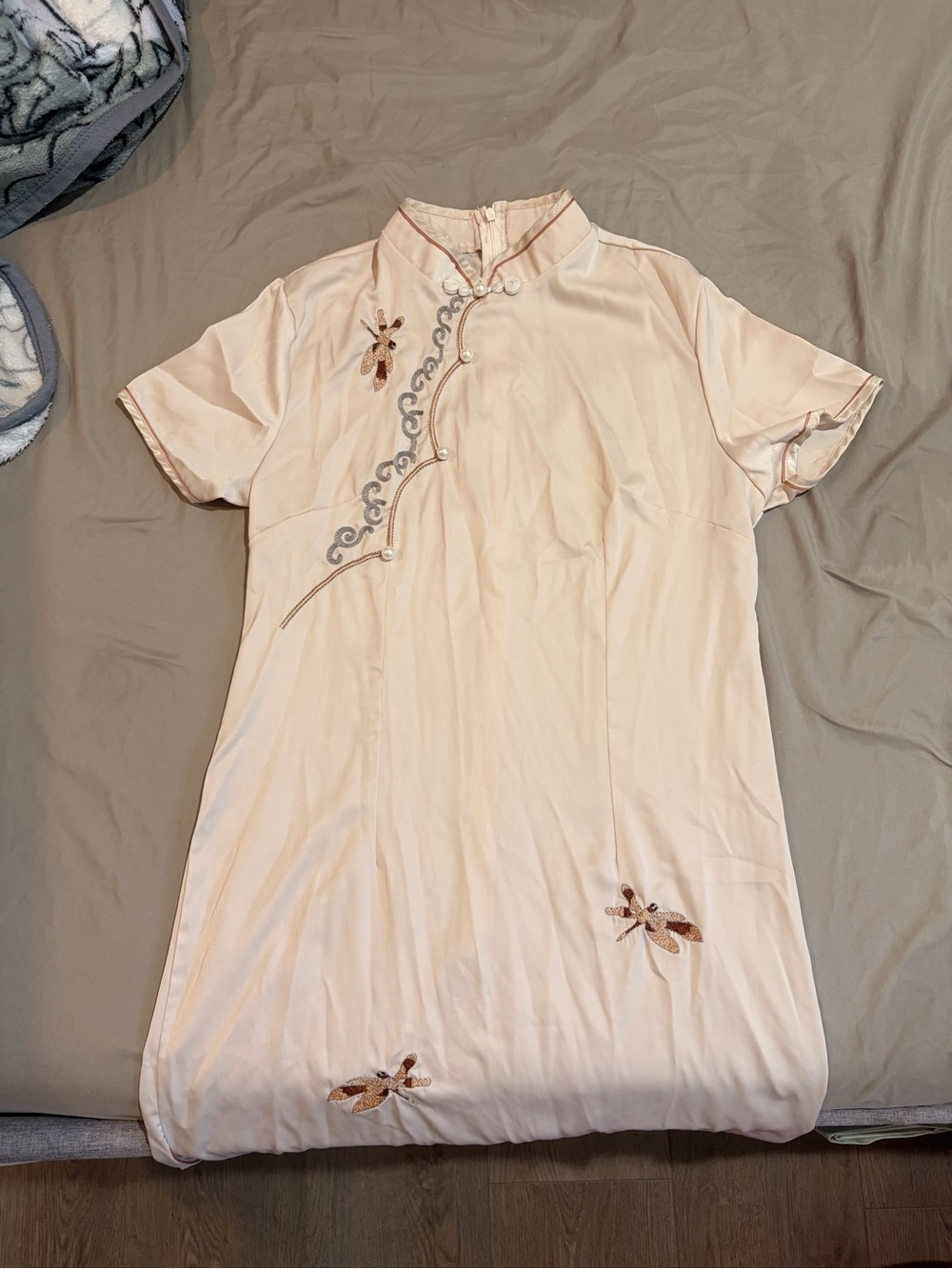 Embroidered Cream Satin Maxi Cheongsam Qipao Dress